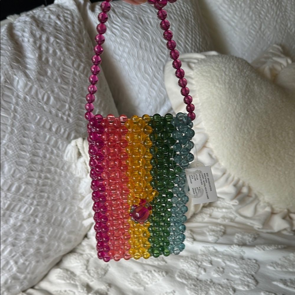 Colorful Beaded Handbag with Pink Handle